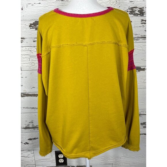 NATURAL LIFE Oversize Raw Hem Knit Trim Sweatshirt Mustard Yellow Pink L/XL NWT - Picture 2 of 5